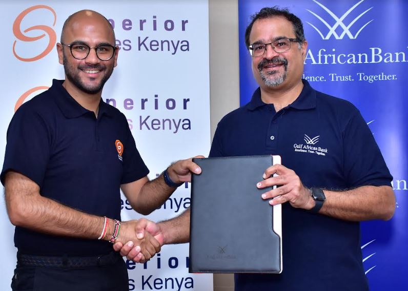 Superior Homes Kenya CEO Shiv Arora (L) and Gulf African Bank CEO Anuj Mediratta (R) during the signing of a partnership for Shariah compliant mortgage financing. Homebuyers will be able to access flexible mortgage financing at 11.75 per cent; the lowest rate in the Kenyan market.