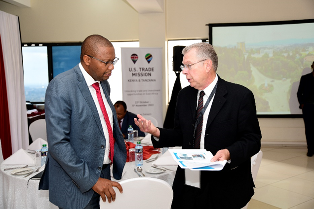 World Energy Founder and CEO, William Poppert (left) and Equity Group Foundation Associate Director Energy, Environment & Climate Change, Eric Naivasha (right) discuss opportunities available in the Energy Sector at the ongoing USA Trade Mission to Kenya and Tanzania. The trade mission organized by Equity Bank Kenya and partners will see foreign delegates representing various institutions in corporate America engage with over 500 local entrepreneurs, MSMEs and corporates.