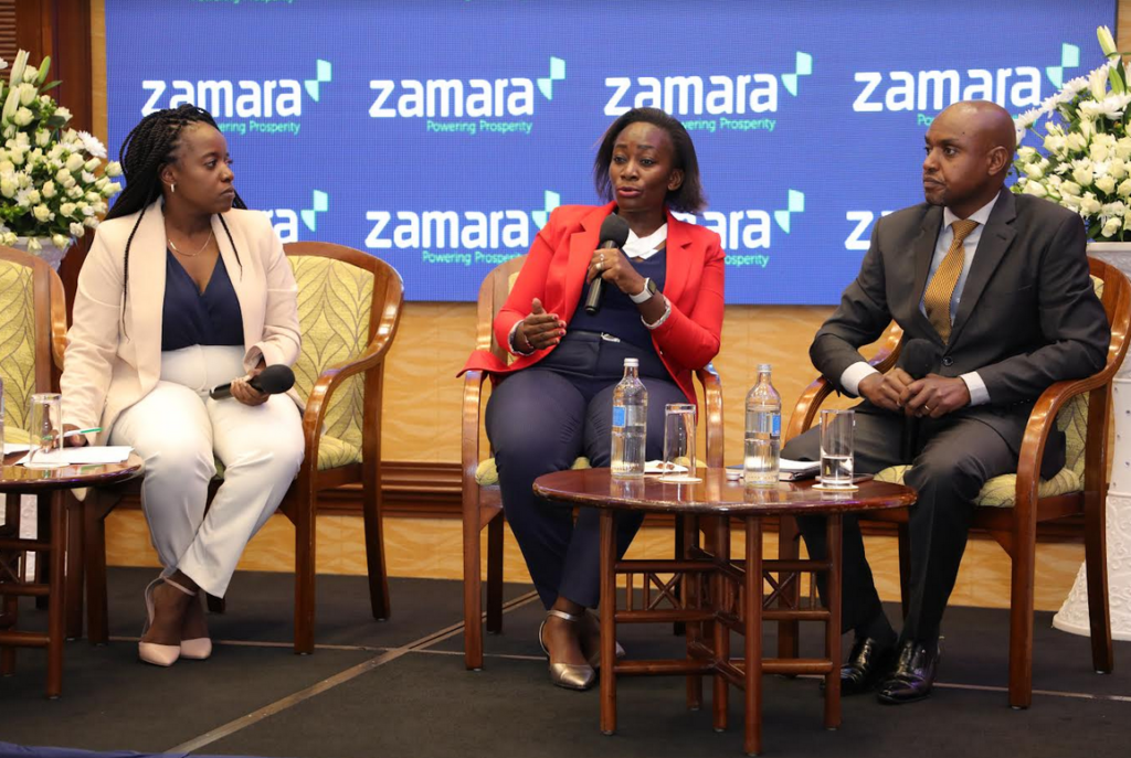Wambugu Kariuki, Head of Beneficiary Management, NHIF, Dr. Elizabeth Wangia, UHC secretariat, Ministry of Health (Centre) and Samantha Weya, Lead, Health Insurance, Actuarial Consulting at Zamara during a panel stakeholder breakfasts themed “The Road to Universal Health Coverage (UHC).
