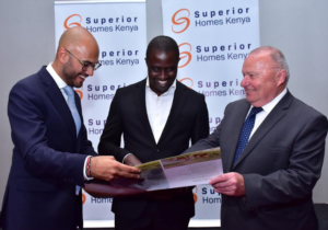 Superior Homes Kenya CEO Shiv Arora (L), Managing Director Ian Henderson (R) and Board Chairman Eric Latiff (C) during the launch of Lukenya Wildlife Estate, a 100-acre luxury project within Swara Plains Conservancy in Machakos County that will comprise of high-end residential houses and serviced plots.