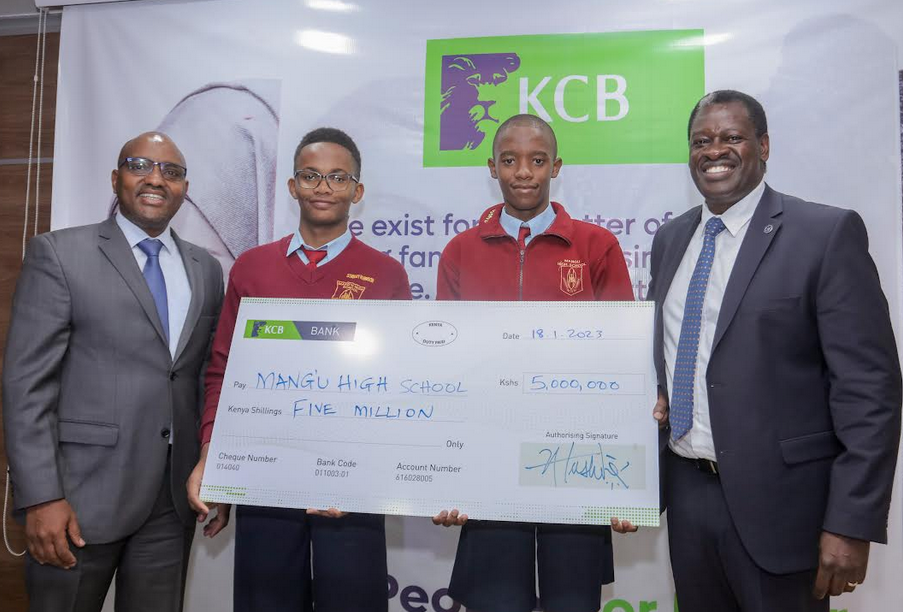 (L-R) KCB Group CEO Paul Russo with Mang’u High School students Stanley Thairu and Jackson Kamiri, and school Chairman Board of Management Anthony Maina Mithanga.