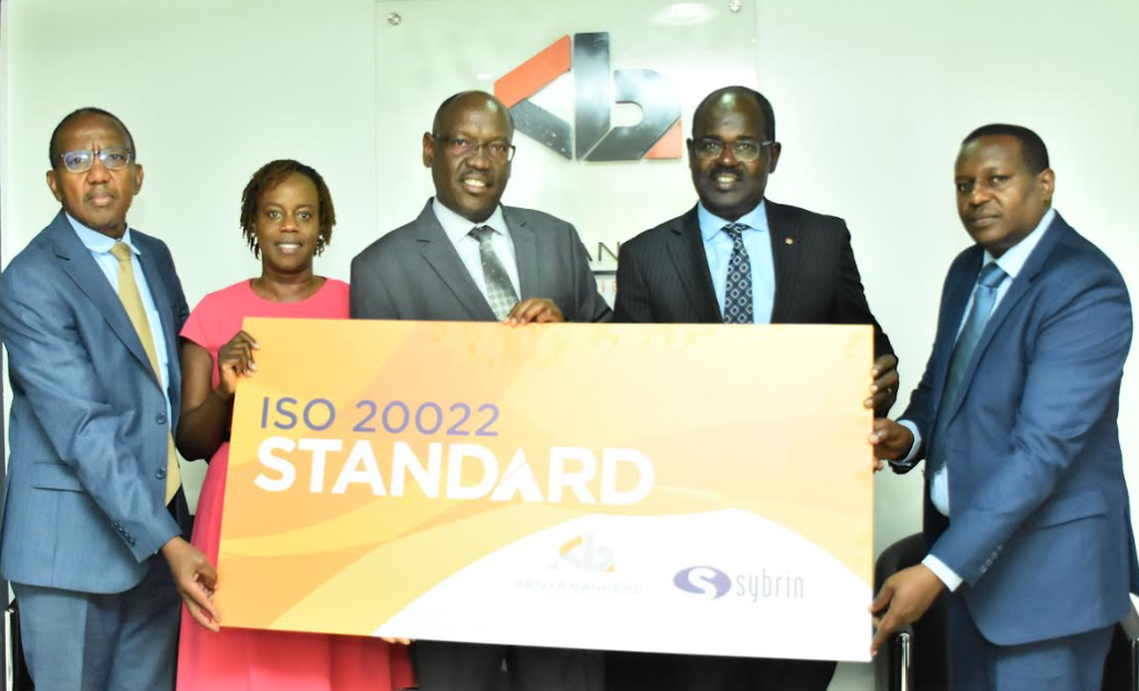 L-R: KBA Technical Services Director Fidelis Muia, KBA Communications Director Christine Onyango, Central Bank of Kenya Banking and Payments Services Assistant Director Mwenda Marete, KBA CEO Dr. Habil Olaka and Sybrin Kenya Operations Director Joe Kiragu during a session held to mark the Automated Clearing House transition to the ISO 20022 standard.