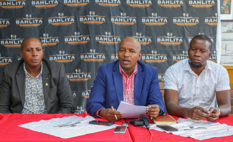 Bar Hotels Liquor Traders Association (BAHLITA) Chairman, Simon Njoroge, Secretary General Boniface Gachoka and BAHLITA Chairman Kasarani Areas Edwin Diko during a press conference addressing the government’s plan to fight illicit brews and alcohol in the country.