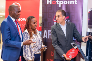 Absa Bank's Customer Network Director Peter Mutua, Head of Card Payments Linda Kimani and Hotpoint's Retail Director Keval Kanani during the launch of the bank's Lipa Pole Pole proposition at Hotpoint's Sarit Outlet.