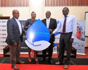 Director of Sanitation Management and Head of Development Cooperation, Ministry of Water, Eng. Kimanthi Kyengo, Family Bank Chief Retail Officer, Phyllis Kimani, Sidian Bank Managing Director, Chege Thumbi and Aqua for All WASH Finance Lead, East Africa and Ethiopia, Joshua Kibet during the launch of the Challenge Fund that seeks to boost financing for small-scale water service providers.