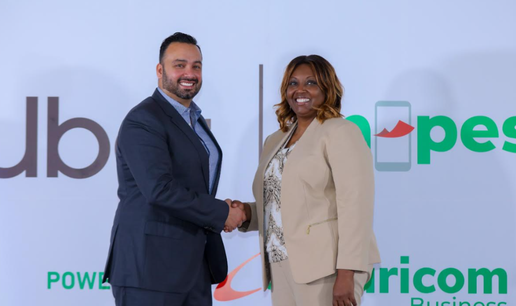 Safaricom Plc, Chief Enterprise Business Officer, Cynthia Kropac (Right) and Head of East Africa Uber, Imran Manji (Left) engage with the media during the M-Pesa and Uber partnership at MJC Centre.