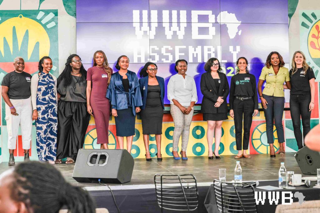 Early-stage women founders after their pitch flanked by WWBA Co-Founders, Gwera Kiwana (L) and Thea Sokolowski (R)