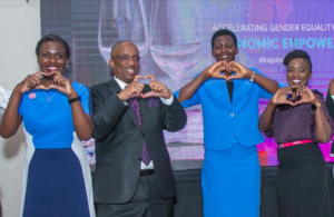 L-R: Elizabeth Okomba, deputy director of group Customer Experience at NCBA; Robert Kiboti, director of Commercial and SME Banking at NCBA Group; Hon. Sarah Malit, CEC member of the Ministry of Sports, Youth & Gender, Homabay County; and Jacquie Muhati, Deputy Marketing Director of NCBA Group, pose for a photo marking IWD at the NCBA Women in Business dinner in Homabay.