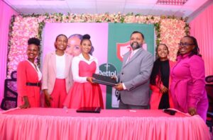 L-R Management Trainee Mumo Muia , Assistant Brand Manager Hygiene Brenda Mokaya , Brand Ambassador Sarah Hassan, Country Manager Kenya Asif M Hashimi, Assistant Brand Manager OTC and Durex Eva Mugo, Senior Brand Manager Dettol Margaret Ngea during the unveiling event.