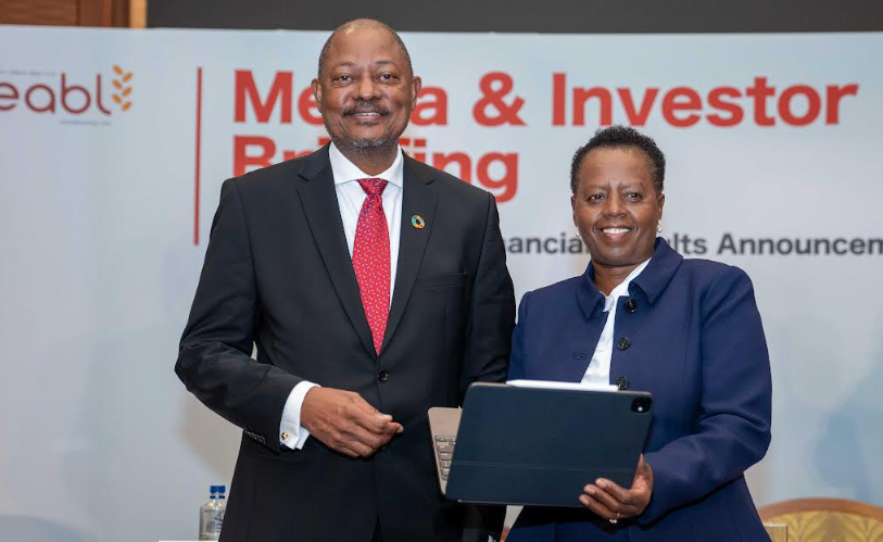 Dr. Martin Oduor-Otieno, EABL Group Chairman (left) and Jane Karuku- EABL Managing Director & CEO (right) during the release of the 2025 Half Year Results where the firm announced a 20% Profit After Tax, reaching Ksh8.1 billion.