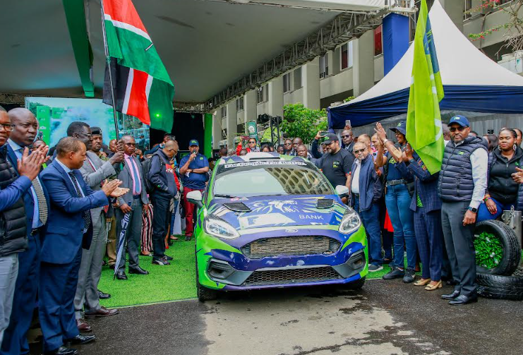 PS Sports Peter Tum, and KCB Group CEO Paul Russo flags off a car with CS Youth Affairs, Creative Economy and Sports Hon. Salim Mvurya and Nikhil Sachania during the ceremonial start at the official launch of the 2025 KCB WRC Safari Rally Sponsorship at Kencom, Nairobi on January 30, 2025.