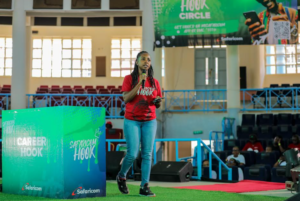 Safaricom PLC  HV Postpay Manager Jerusha Okubasu addressing the youth at Kenyatta University during the second Edition of Safaricom Hook