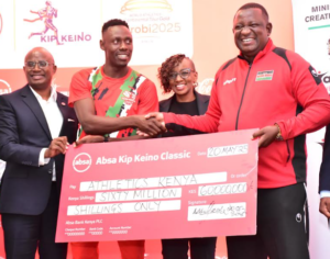 Cabinet Secretary Ministry of Youth Affairs, Creative Economy and Sports Hon. Salim Mvurya, Athletics Kenya President General Jackson Tuwei, Absa Bank Kenya Consumer Banking Director Moses Muthui and Marketing, Principal Secretary State Department of Sports Elijah Mwangi, Sports, Arts & Social Development Fund CEO Nuh Ibrahim and Athletics Kenya Youth Development Chairman Barnaba Korir during the Absa Kipkeino Classic media launch.