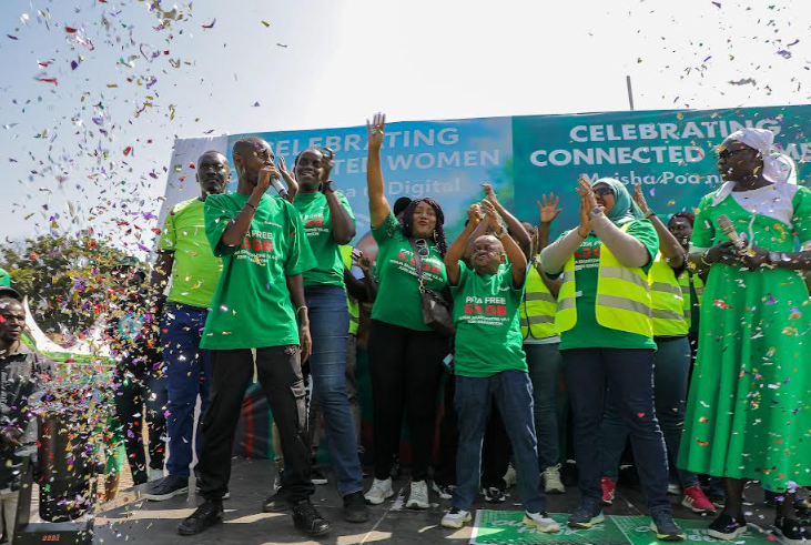 Fauzia Ali Chief Consumer Business Officer,Gunilla Ouko Regional Business Lead Greater Western & Safaricom Employess celebrating during the Maisha poa Campaign Lauch, the aim of the campign is to drive digital inclusion.
