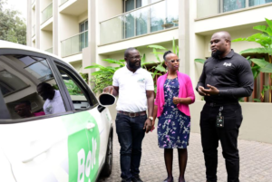 (R-L)Bolt Kenya & Tanzania General Manager Dimmy Kanyankole, Workplace Experience Manager Brenda Selebwa, and Chair Drive—Electric Group Sacco Ken Obuya during the launch of Bolt Comfort, a new category designed to meet growing demand for high-quality transport services among Kenyans