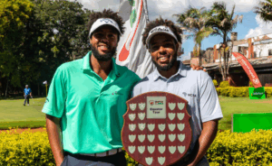 Mutahi Kibugu (left) and his brother Njoroge Kibugu (right) pose with the trophy after clinching victory in the 7th leg of the PGK Equator Tour at Sigona Golf Club.
