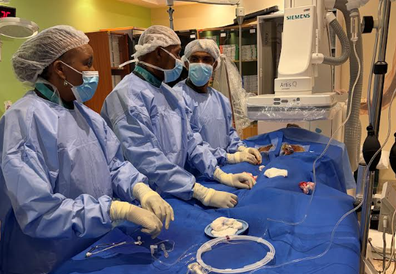 Aga Khan University Hospital Nairobi Consultant Interventional Cardiologists, Dr Mohamed Jeilan and Dr Mzee Ngunga with Cardiac Nurse, Rachel Njuguna conducting the first leadless pacemaker procedure in sub-Saharan Africa, a milestone expected to expand treatment options for patients with heart rhythm disorders across the region.